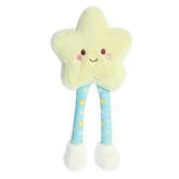Cuddly Star plush toy with yellow body, smiling face, long blue space patterned floppy legs and white fur on feet.